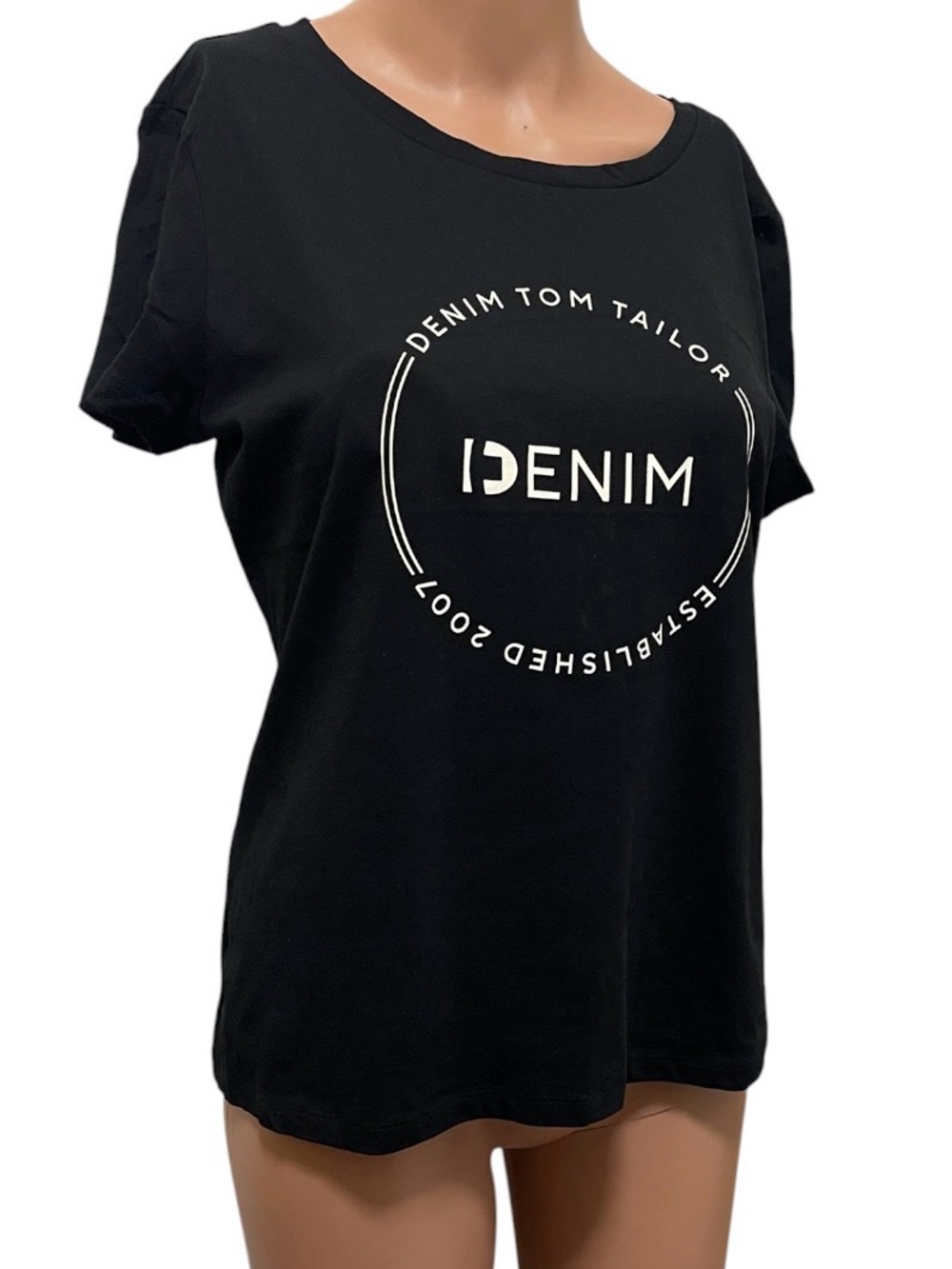TOM TAILOR DENIM LOGO GRAPHIC T-SHIRT WOMENS SHORT SLEEVES BLACK/WHITE LARGE